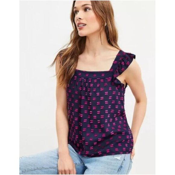 LOFT Navy Blue/Pink Clip Ruffle Square Neck Ruffle Sleeve Festival Top Size L - Picture 12 of 12